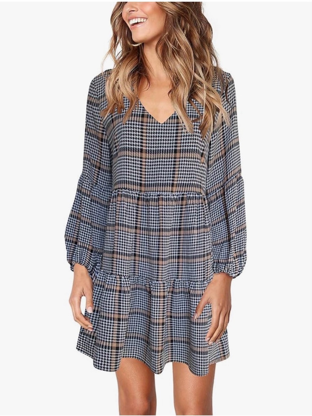 Plaid Babydoll Swing Dress XL Long Sleeve V Neck